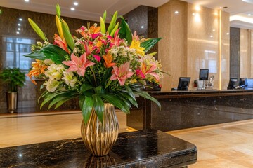 Elegant Flower Arrangement in a Reception Area Featuring Colorful Blooms and Lush Greenery in a Modern Hotel Environment