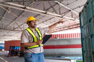 Portrait of male staff with holding clipboard working in warehouse, Industrial and industrial workers concept.