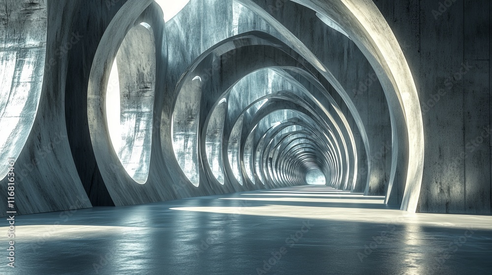 Poster abstract concrete tunnel with arched openings and soft light.