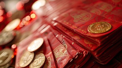 A close-up of traditional Chinese red envelopes filled with lucky money