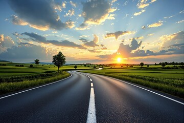 Naklejka premium A scenic winding road surrounded by lush green fields under a vibrant sunset sky with dramatic clouds. Nature, tranquility, and travel concept. Ai generative