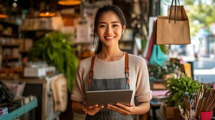 Smiling Shop Owner Using Tablet in Her Flower Shop
