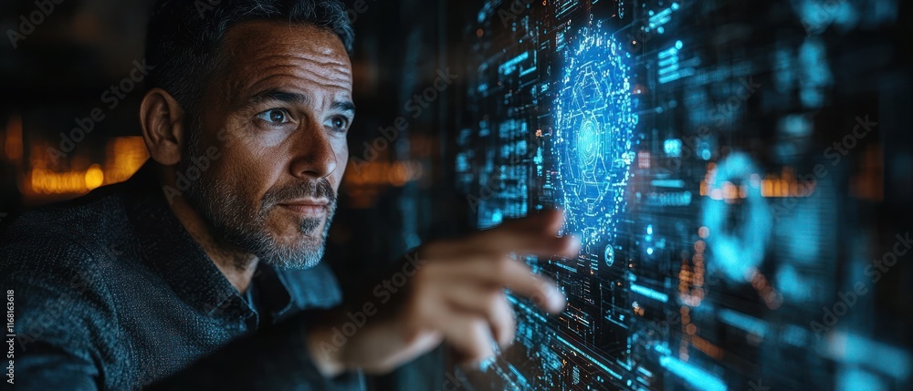 Poster man interacting with futuristic digital interface