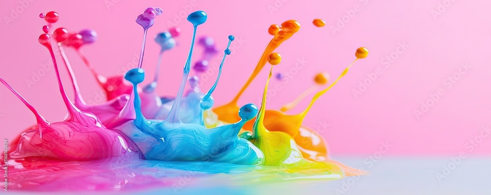 Poster ink abstract background concept. vibrant splashes of colorful paint against a soft pink background, 