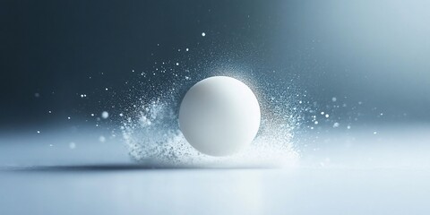 White sphere rolling, creating a motion blur and dust trail on a light blue surface.