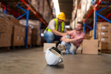 Mature foreman in workwear giving first aid to asian women staff suffering after working injury in warehouse, Injury at work.