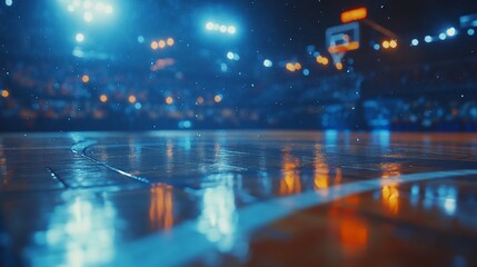 Wet basketball court at night, blurry background with lights and crowd.
