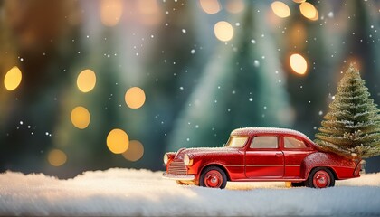 Toy red car with Christmas tree on snowy meadow on background of christmas trees 