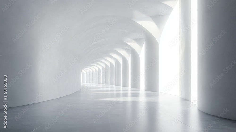 Poster abstract white curved corridor with columns and light.