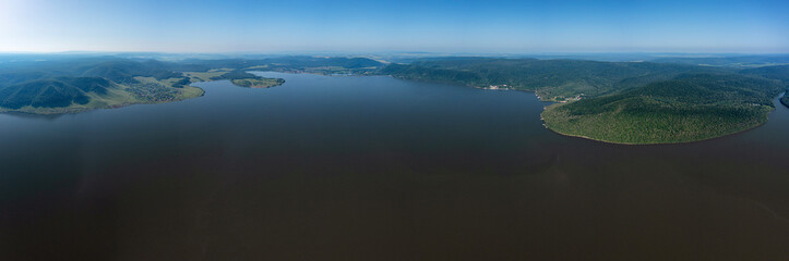 Southern Urals, Bashkortostan, the Nugush reservoir in summer. Aerial view.