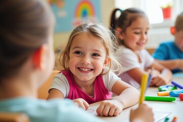 Fototapeta premium Happy Children Learning in Classroom, Perfect for Educational Materials, Classroom Decor, and Children's Book Illustrations