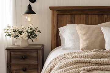 Elegant bedroom interior with cozy bedding and stylish nightstand decor