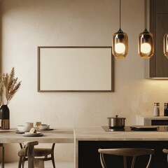 Warmly lit kitchen showcases horizontal frame, stylish home setting.