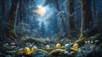 mystical Easter night in enchanted forest, illuminated by glowing eggs and fireflies under full moon, surrounded by daisies and moss covered trees