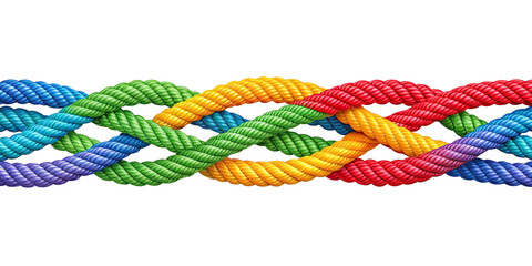 Brightly colored rope links intertwined to convey partnership, unity, and teamwork, designed on a transparent background