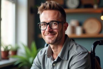Obraz premium Happy Man in Wheelchair Smiling at Camera in Cozy Home Kitchen, Perfect for Inspirational and Inclusive Stock Photos