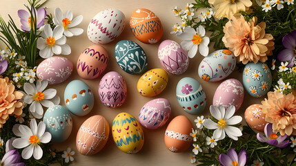 vibrant Easter table setup featuring colorful hand painted eggs surrounded by fresh spring flowers, creating festive and cheerful atmosphere