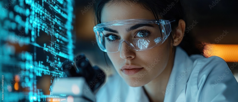 Poster focused scientist analyzing data on digital interface