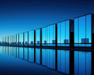 Reflective modern architecture urban setting digital art nighttime scene aesthetic perspective