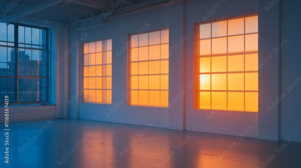 Aufkleber sunset view through large windows in an empty loft space.