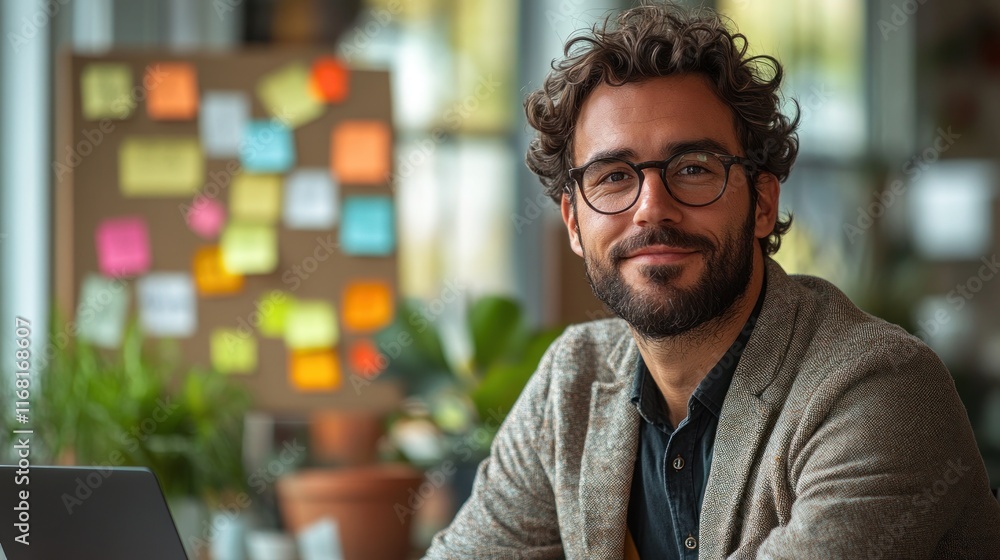 Poster Smiling man in workspace with colorful notes in the background