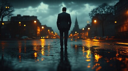 Fototapeta premium Solitary figure in suit stands on rain-soaked street at dusk