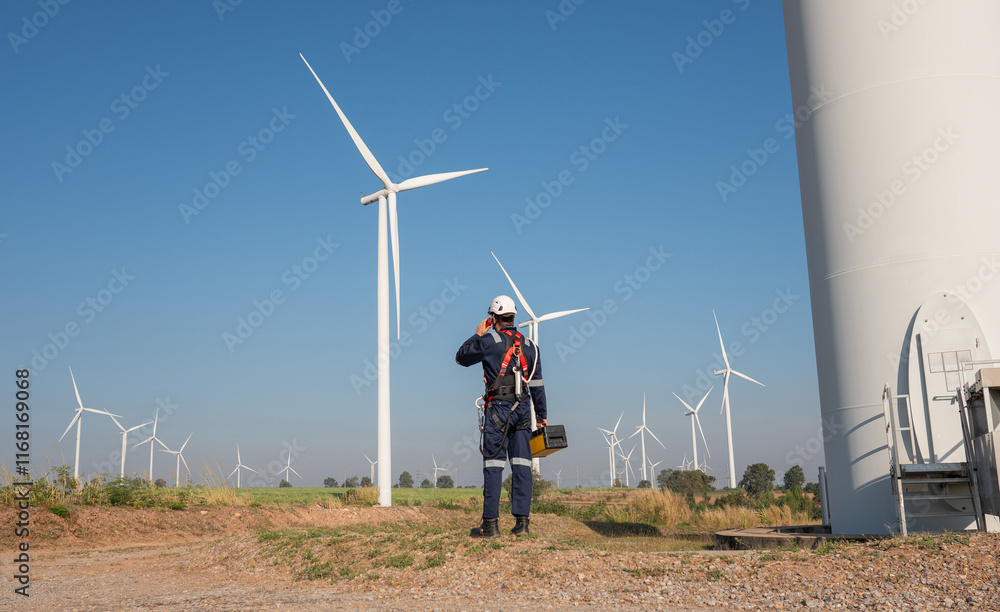 Wall mural engineer wearing uniform inspection and survey work in wind turbine farms rotation to generate elect