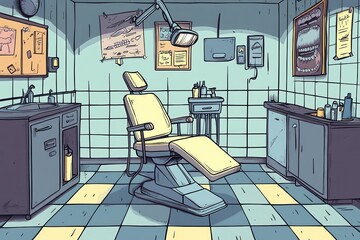 Illustration of a cartoon-style dental clinic featuring a waiting dental chair, dental tools, and colorful walls adorned with dental posters and charts