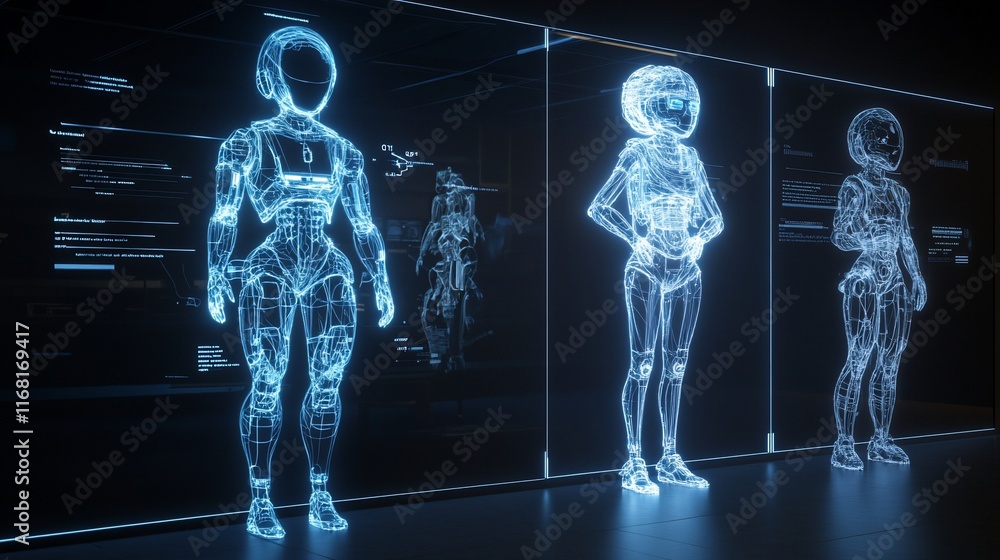 Canvas Prints three glowing female robots displayed on futuristic screens.