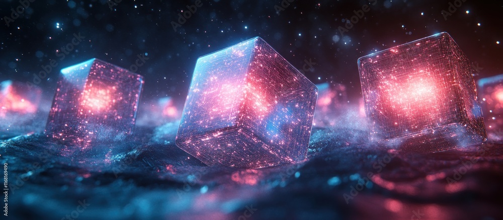 Poster futuristic digital abstract wireframe cubes glowing technology connection in deep space