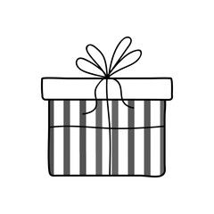 Festive gift box with striped design and bow sitting on a flat surface