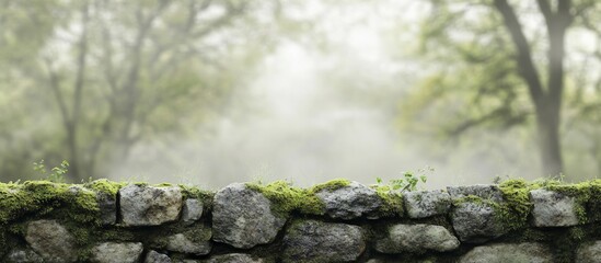 Mossy stone wall in a misty forest. (1)