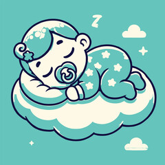 
Cute Baby Sleeping On Cloud Pillow Cartoon Icon Illustration.
