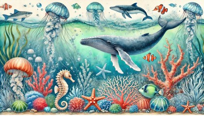 Obraz premium Colorful underwater illustration featuring a humpback whale, jellyfish, coral reefs, starfish, seahorses, and tropical fish in a marine ecosystem.