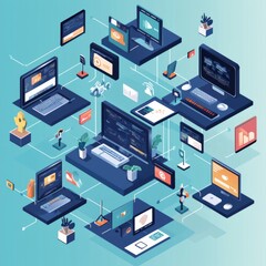 Modern Digital Workspace with Laptops, Monitors, Smartphones, and Data Visualizations in a Connected Environment