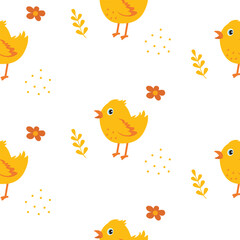 Colorful illustrations of cheerful yellow chicks and flowers create a playful pattern design