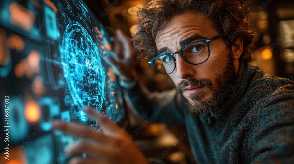 Poster focused individual interacting with holographic interface displaying data