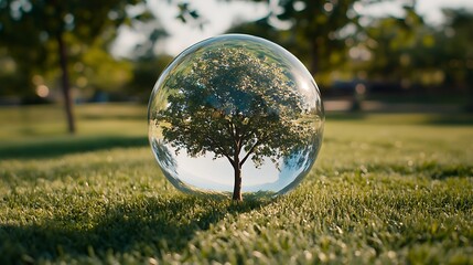 Nature's Embrace: A Tree Reflected in a Crystal Ball on Lush Green Grass