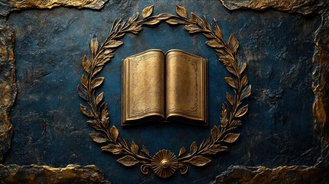 Vintage school shield logo with open book and laurel wreath, symbolizing knowledge and achievement in education