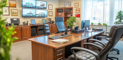 Modern Executive Office:  Screens, Wood Furnishings, and Professional Atmosphere
