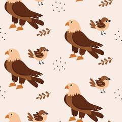 Colorful birds and leaves pattern featuring eagles and sparrows on a light background