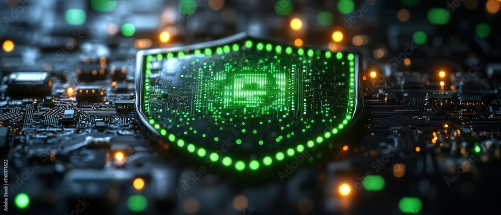 Poster digital shield on circuit board symbolizing cybersecurity and protection