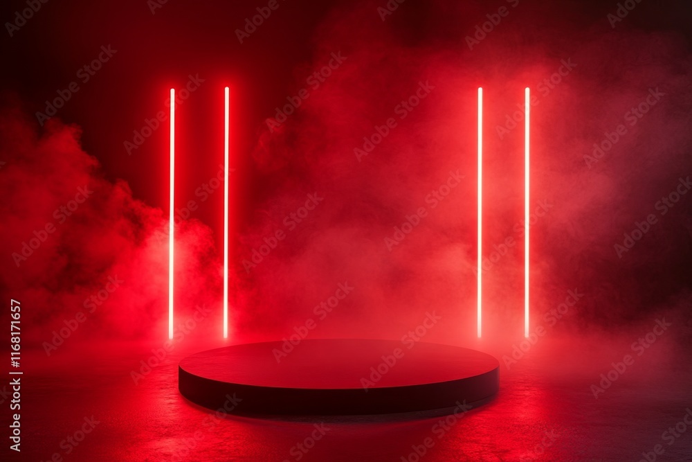 Poster red neon lights illuminate a dark smoky stage with a circular platform.