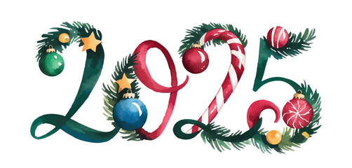 Vector watercolor 2025, Christmas decoration, candy canes, Christmas stars, decorative balls, Happy New Year 2025