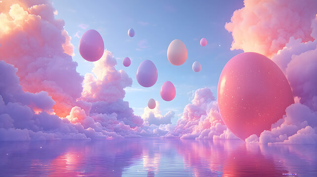 surreal Easter themed landscape featuring oversized pastel colored eggs floating among fluffy pink and orange clouds, reflected in calm, shimmering water surface
