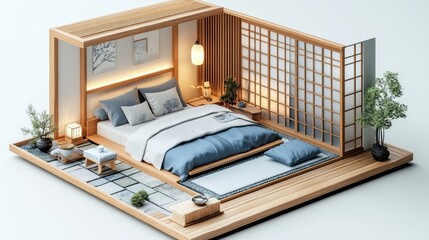 3D, isometric perspective, bedroom, living room, light-filled composition, beautiful interior, clear edges, light indigo and gray, wide angle, resolution, vibrant 3D illustrations, clean background,