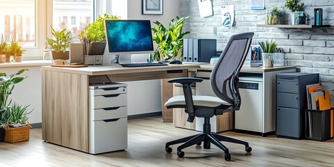 Modern Home Office Workspace: L-Shaped Desk, Ergonomic Chair, and Natural Light