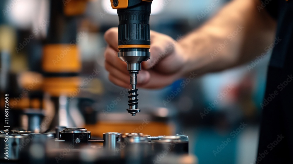 Poster close-up of a worker's hand using a drill bit in a factory.