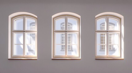 Obraz premium Three arched windows in a light-colored wall, sunlight streaming through.