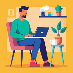 man working on his laptop, vector illustration	
